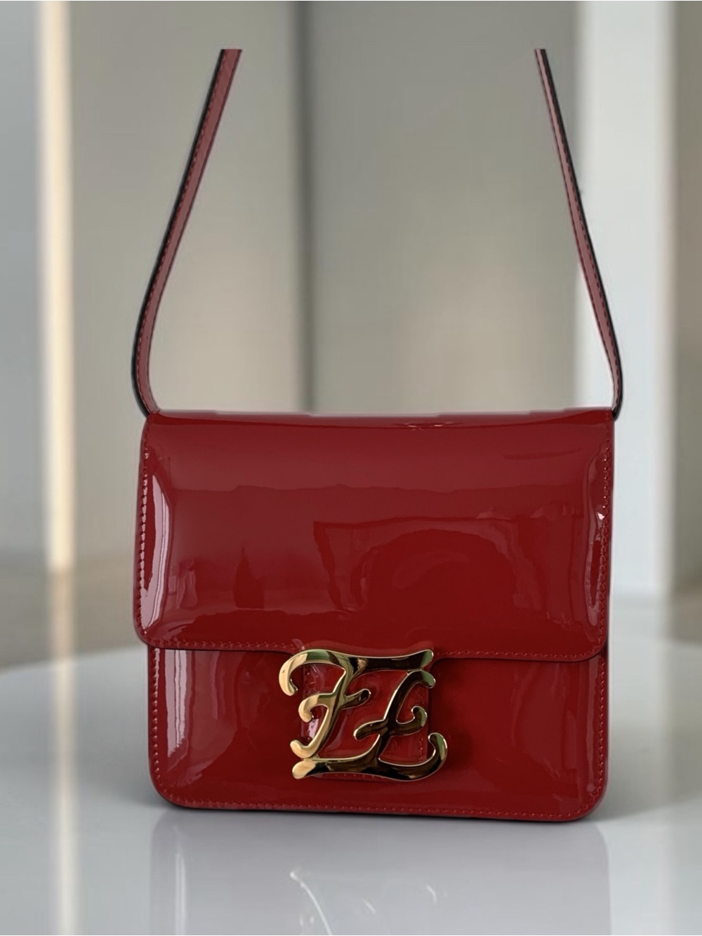 Fendi Karligraphy Red Patent Leather Crossbody Bag.  PRISTINE CONDITION